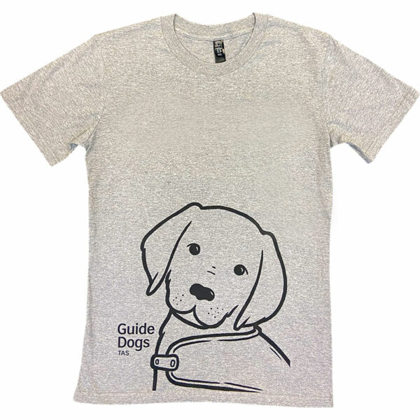 Grey t-shirt with line illustration of puppy and Guide Dogs Tasmania logo