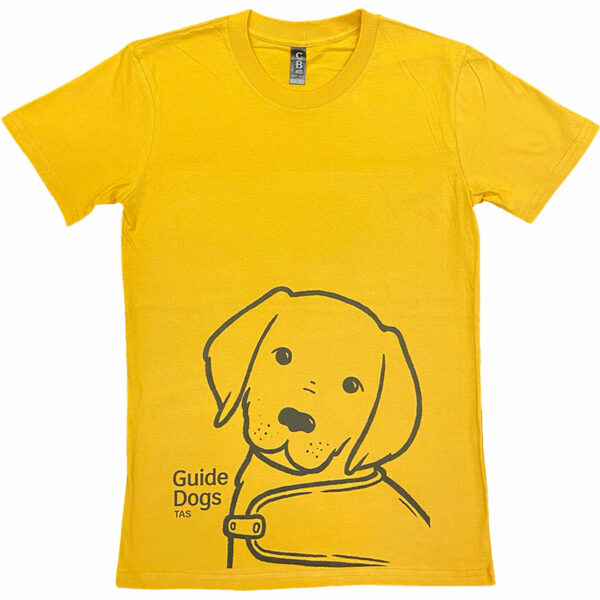 Yellow t-shirt with line illustration of puppy and Guide Dogs Tasmania logo