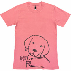 Pink t-shirt with line drawing of puppy and Guide Dogs Tasmania logo