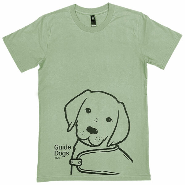 Green t-shirt with line illustration of puppy and Guide Dogs Tasmania logo