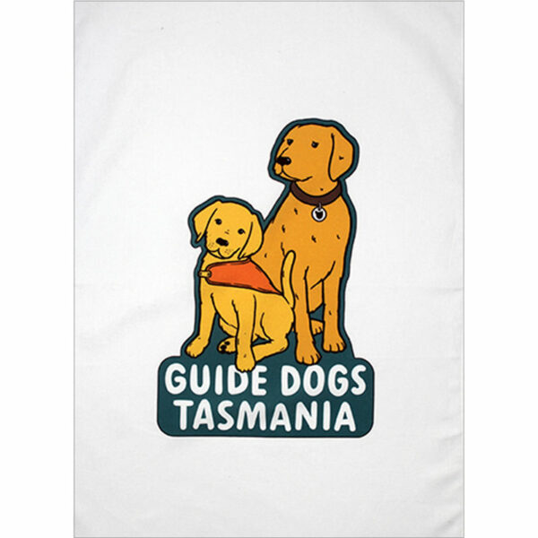 Tea towel with cartoon drawing of two yellow dogs with Guide Dogs Tasmania writing