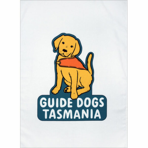 Tea towel with cartoon drawing of yellow dog in orange coat with Guide Dogs Tasmania writing
