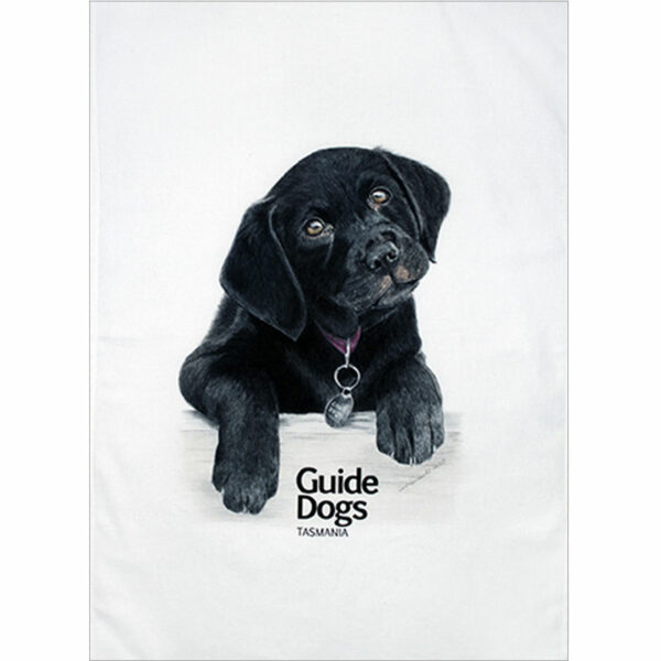 Tea towel with drawing of black labrador puppy with Guide Dogs Tasmania logo