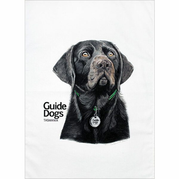 Tea towel with head and shoulders drawing of black labrador with Guide Dogs Tasmania logo