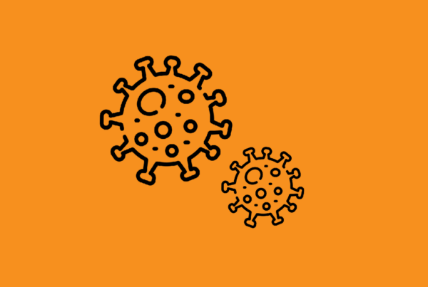 covid icons on an orange background