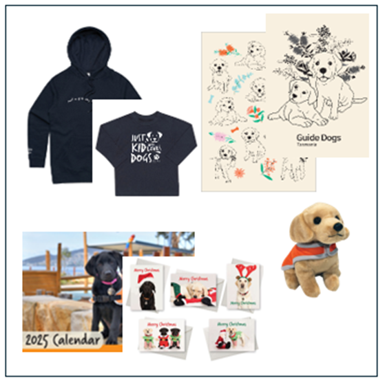 Image of range of Guide Dogs Tasmania merchandise items