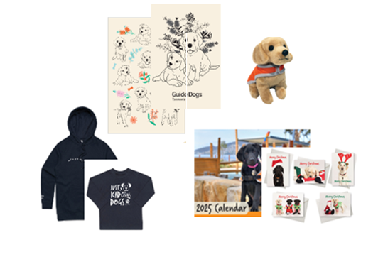 Image of range of Guide Dogs Tasmania merchandise items