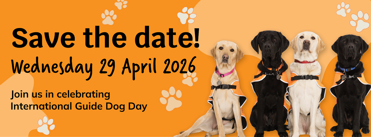 Save the Date banner for International Guide Dog Day, features puppies and dogs